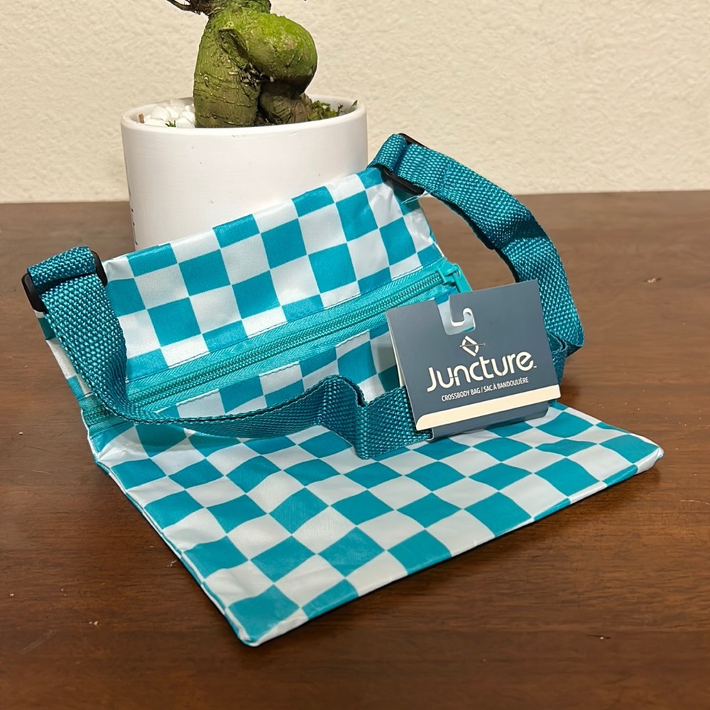 NWT Crossbody shoulder bag checker design white and aqua blue water resistant